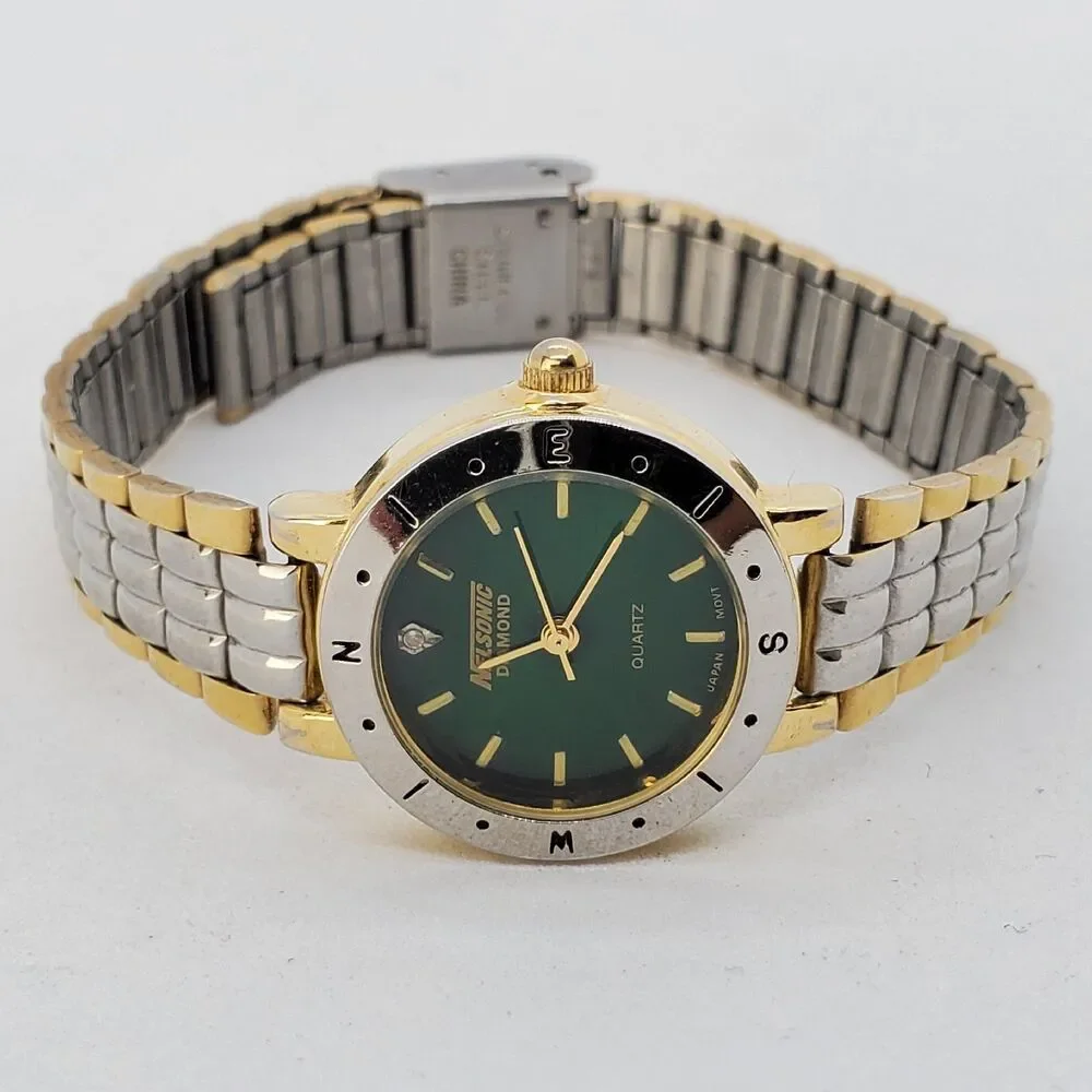 Nelsonic Diamond Women's Watch 25MM Green Dial Two Tone‎ Bands 7.5